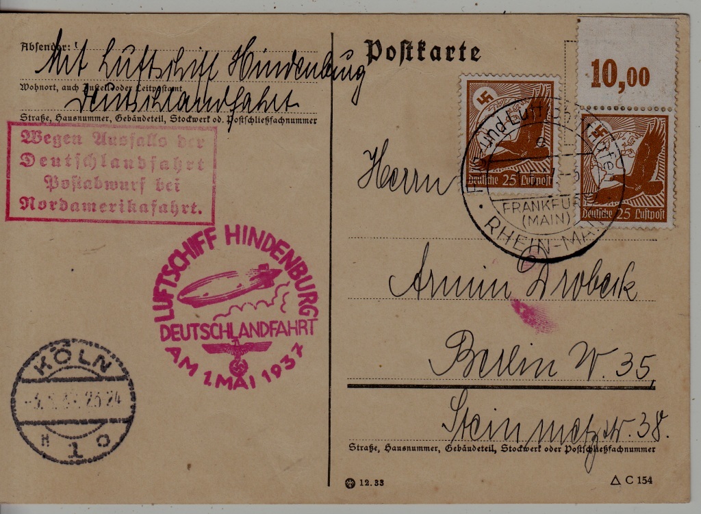 Germany Zeppelin card Deutschland fahrt 1.5.37 Frankfurt