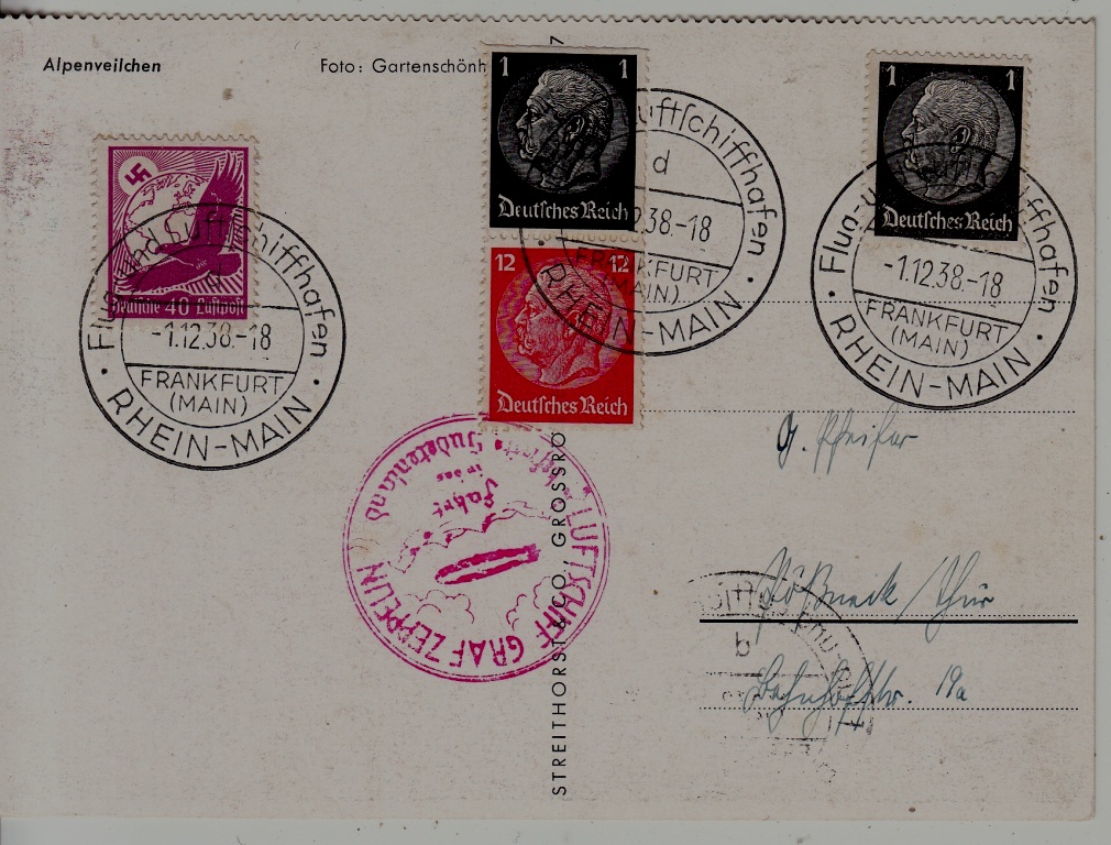 Germany Zeppelin card Sudetenland flight 1.12.38