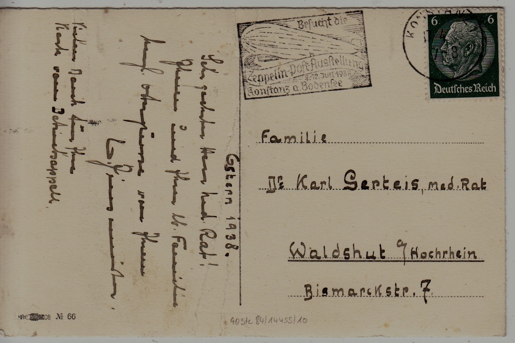 Germany Zeppelin card folded 17.4.38 Konstanz
