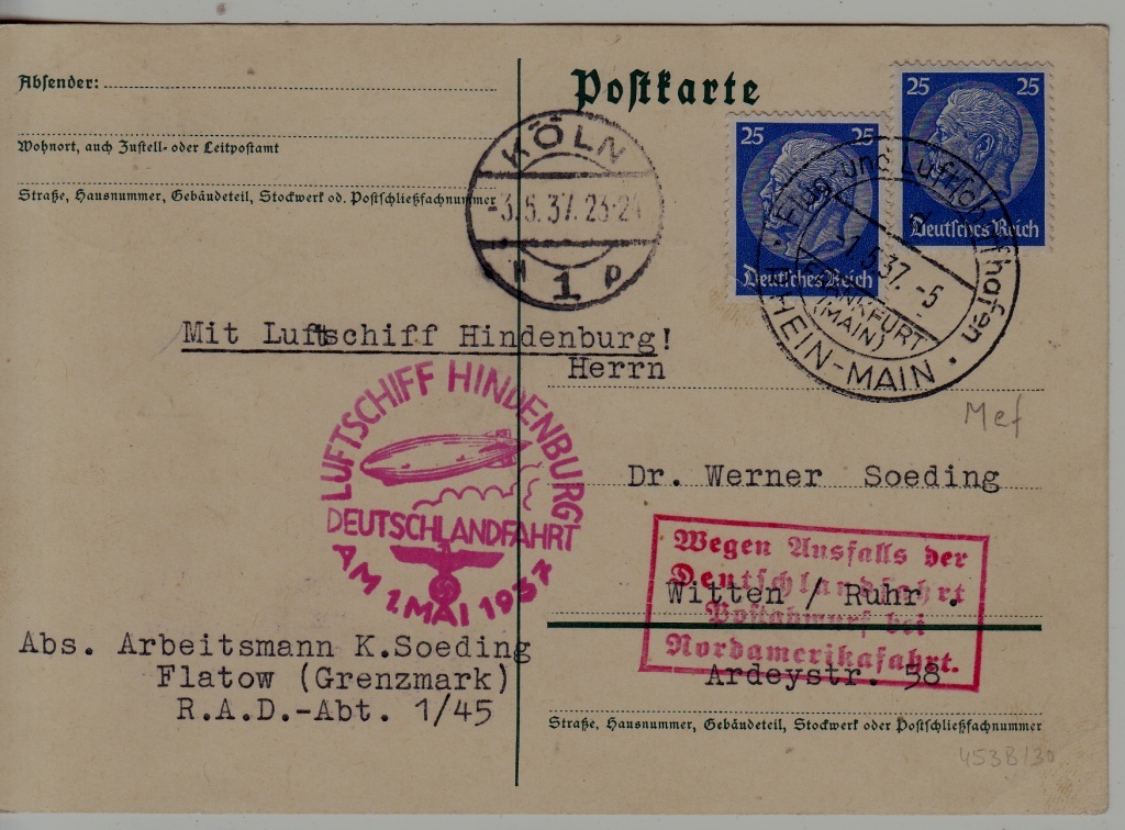 Germany Zeppelin card Deutschland fahrt 1.5.37