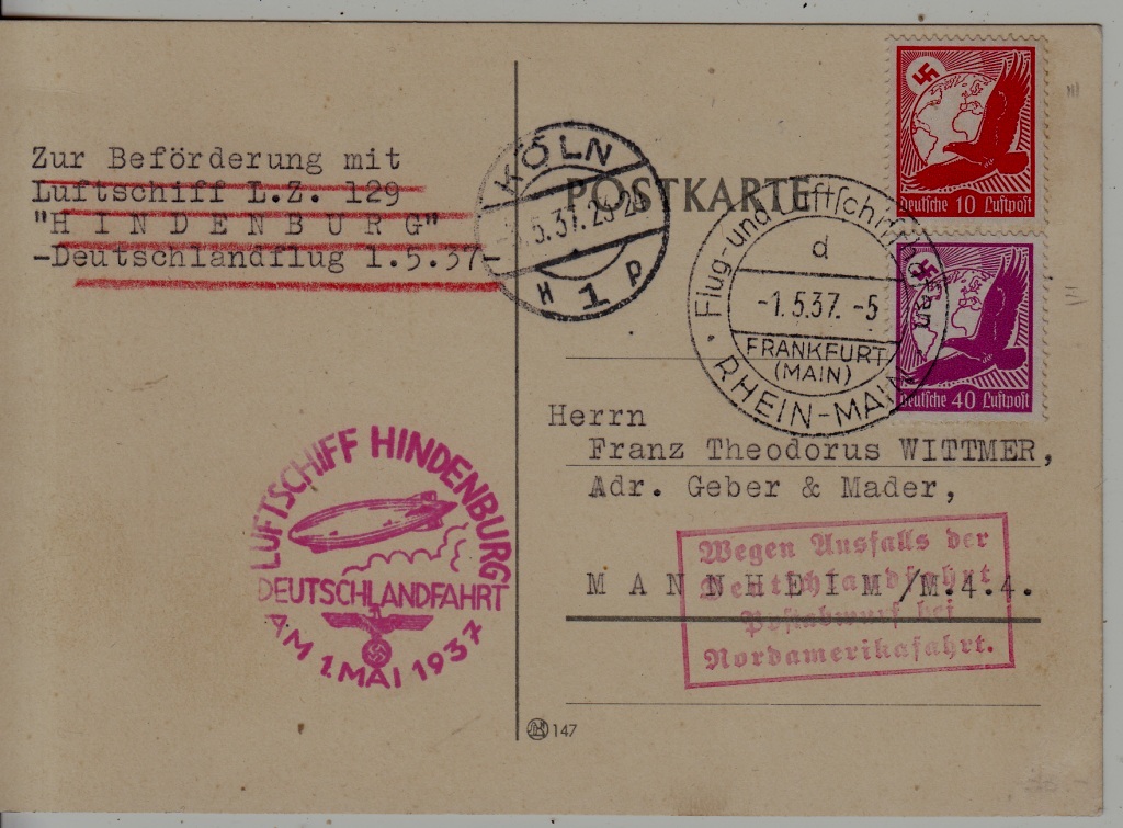 Germany Zeppelin card Deutschland fahrt 1.5.37