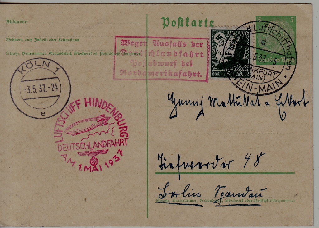Germany Zeppelin card Deutschland fahrt 1.5.37
