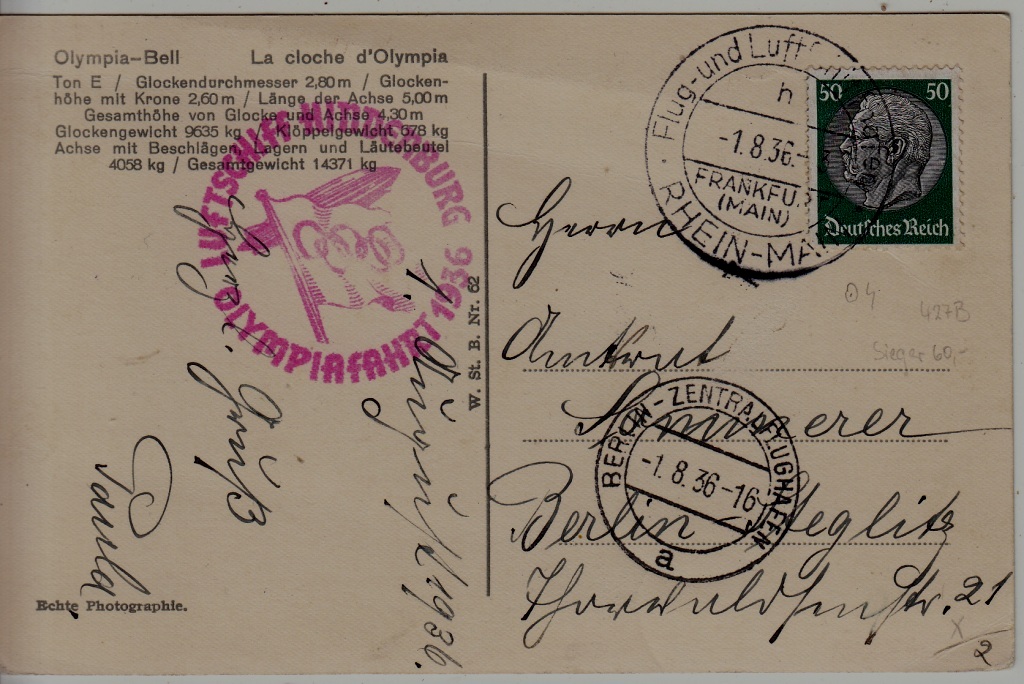 Germany Zeppelin card Olympiafahrt 1.8.36