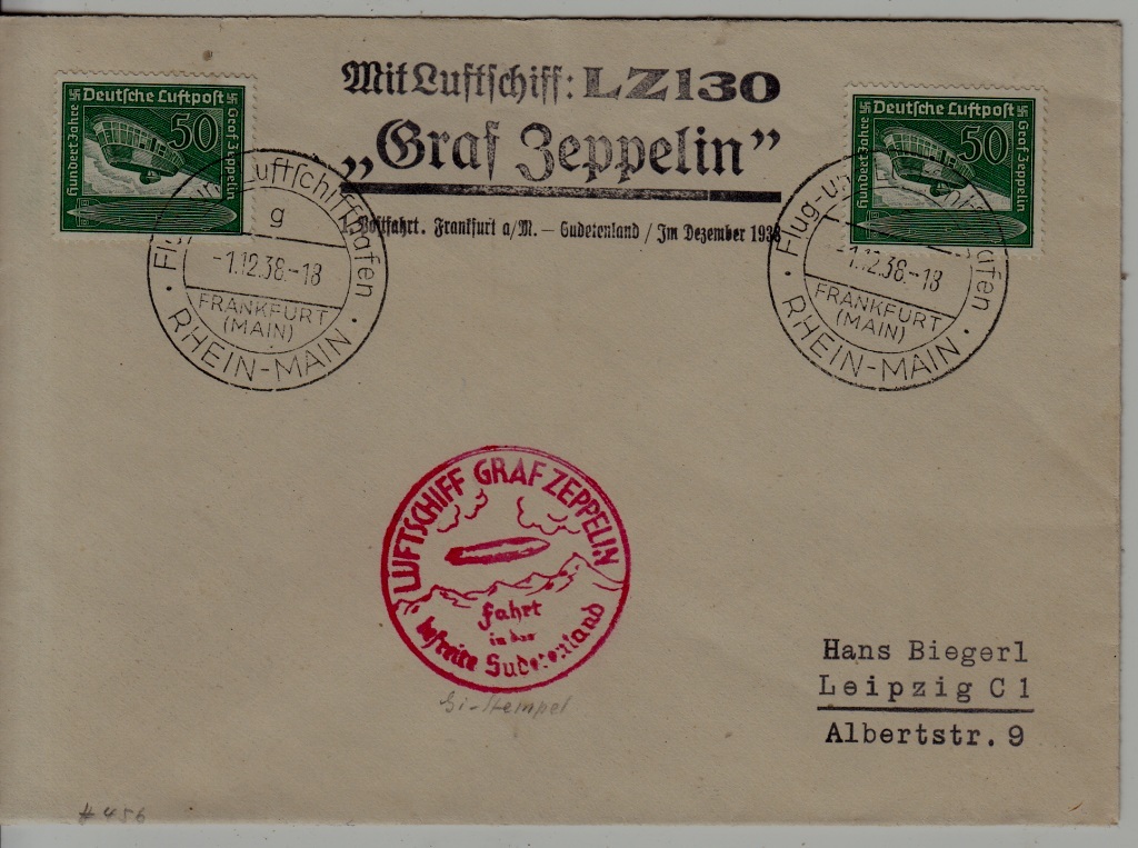 Germany Zeppelin cover Sudetenland flight 1.12.38