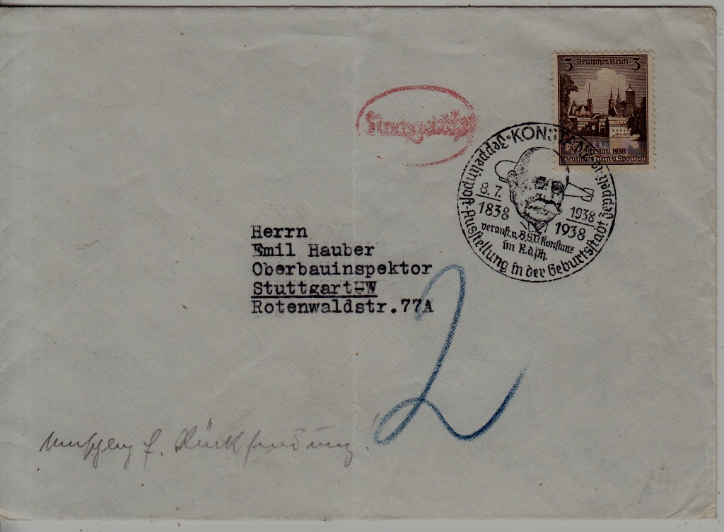 Germany Zeppelin cover folded 8.7.38 Konstanz