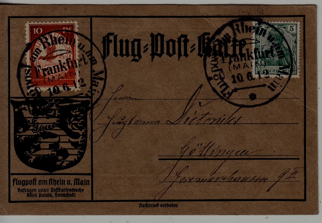 Germany Zeppelin card 10.6.12 Frankfurt crease