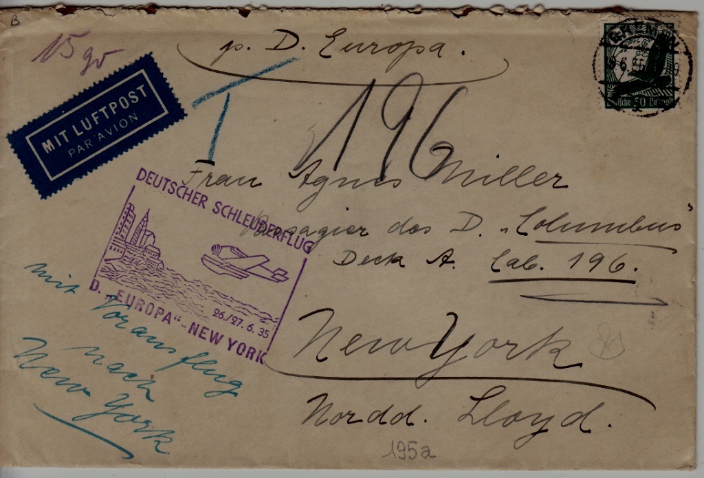 Germany Catapult cover 26.6.35 Europa-NY