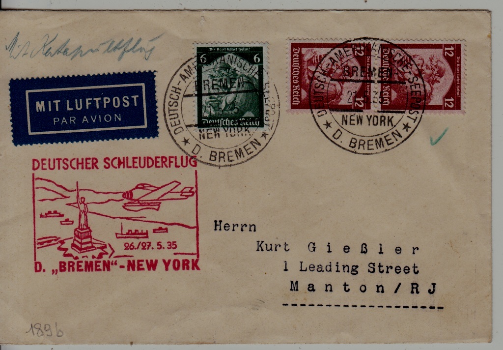 Germany Catapult cover 26.5.35 Bremen-NY
