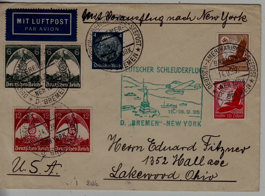 Germany Catapult cover 15.9.35 Bremen-NY