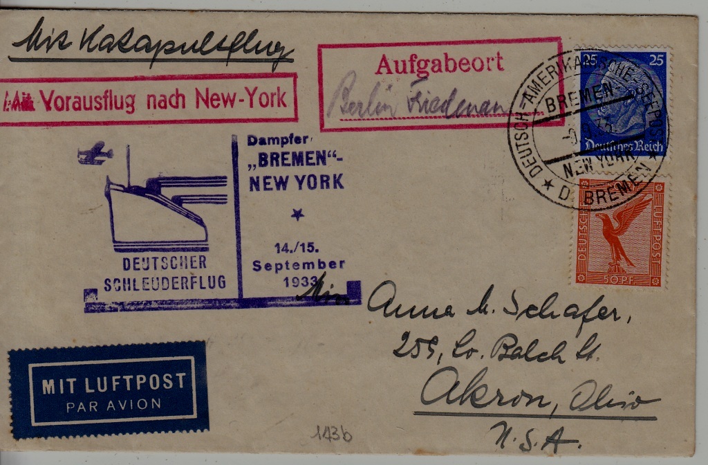 Germany Catapult cover 14.9.33 Bremen-NY