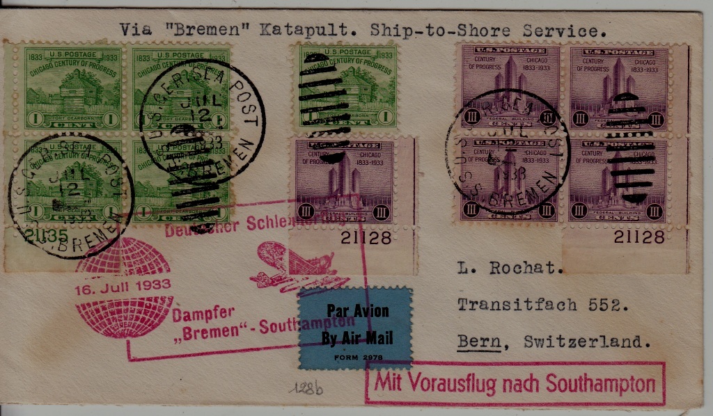 USA Catapult cover 16.7.33 Bremen-Southampton