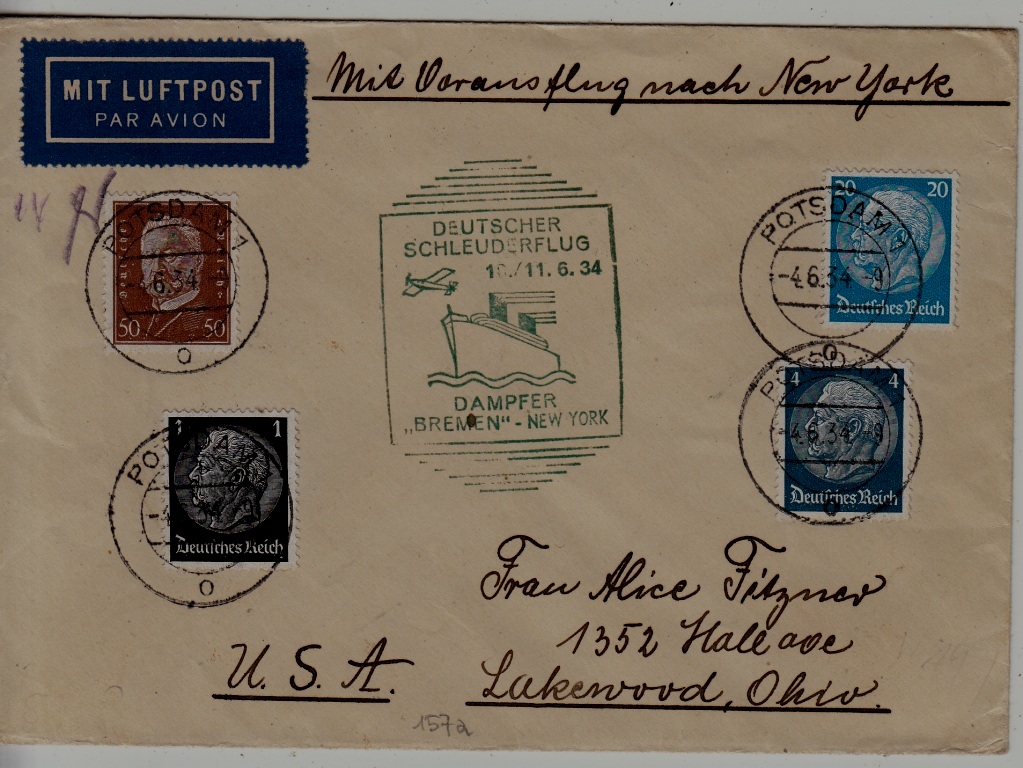 Germany Catapult cover 10.6.34 Bremen-NY,Potsdam