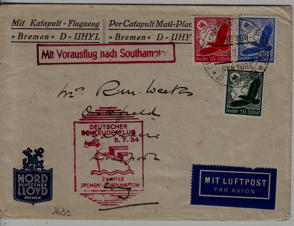 Germany Catapult cover 5.7.34 Bremen-Southampton