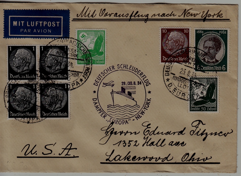 Germany Catapult cover 29.8.34 Europa-NY