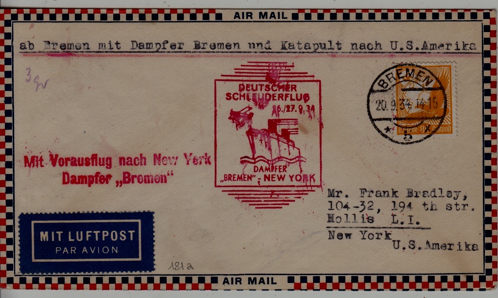 Germany Catapult cover 26.9.34 Bremen-NY