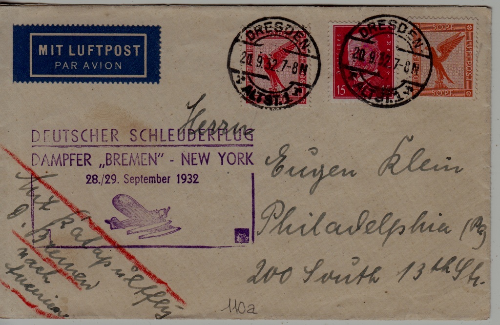 Germany Catapult cover 28.9.32 Bremen-NY,Dresden