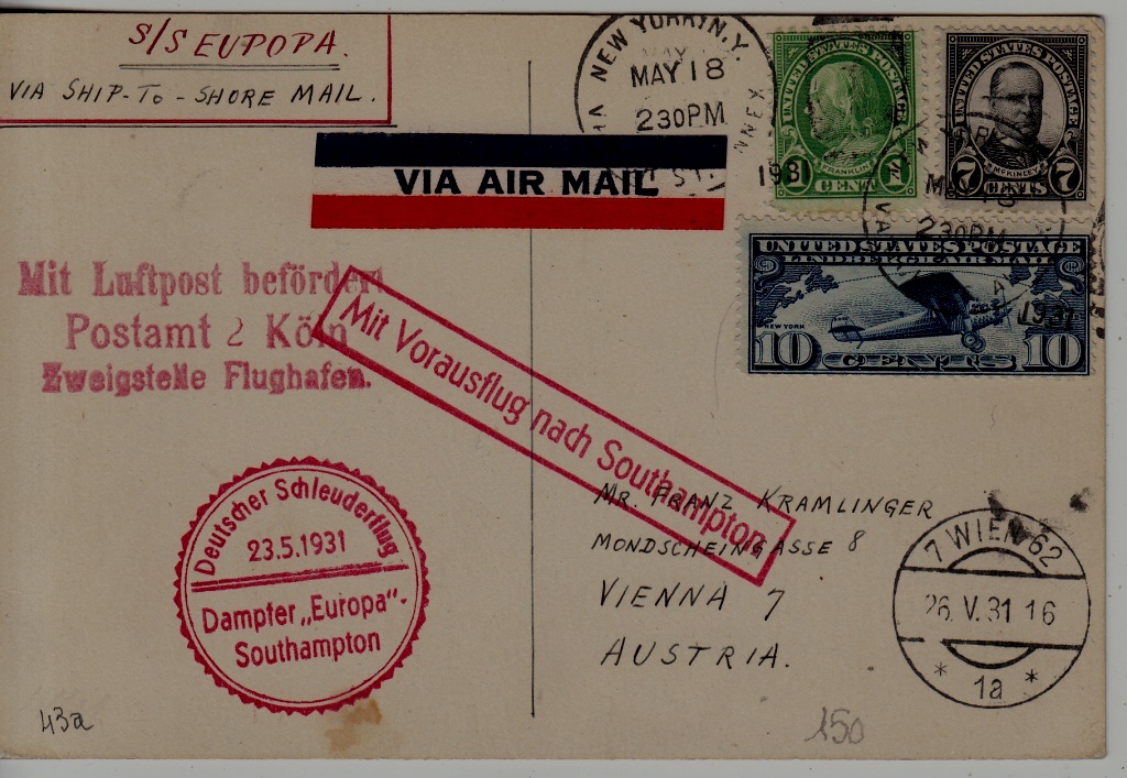 USA/Austria Catapult card 23.5.31 Europa-Southampton