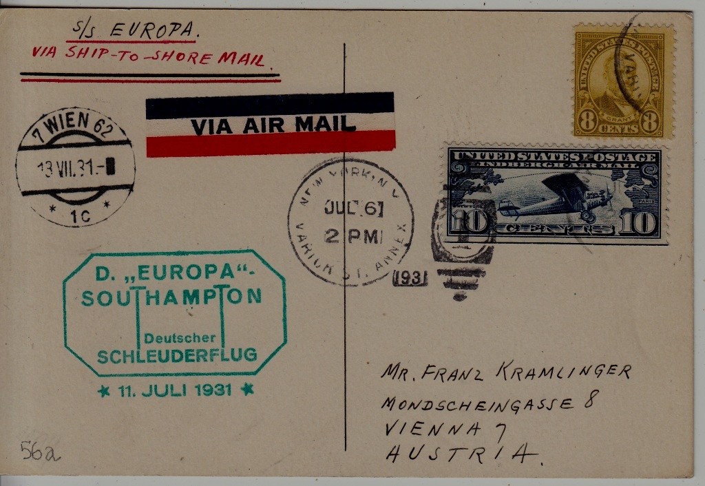USA/Austria Catapult card 11.7.31 Europa-Southampton