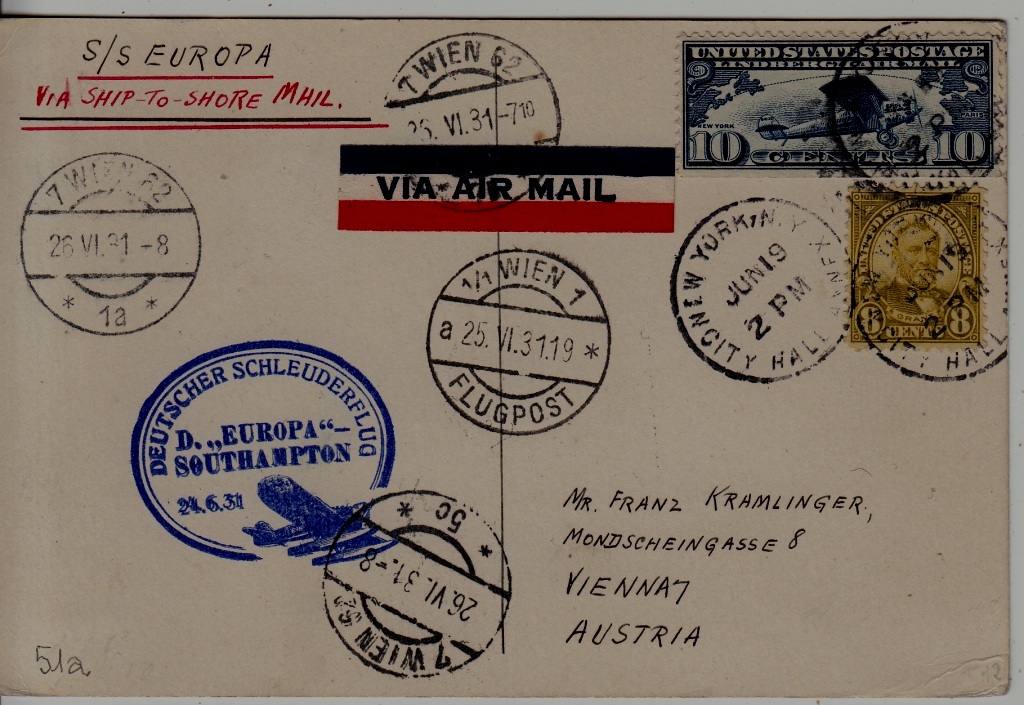 USA/Austria Catapult card 24.6.31 Europa-Southampton