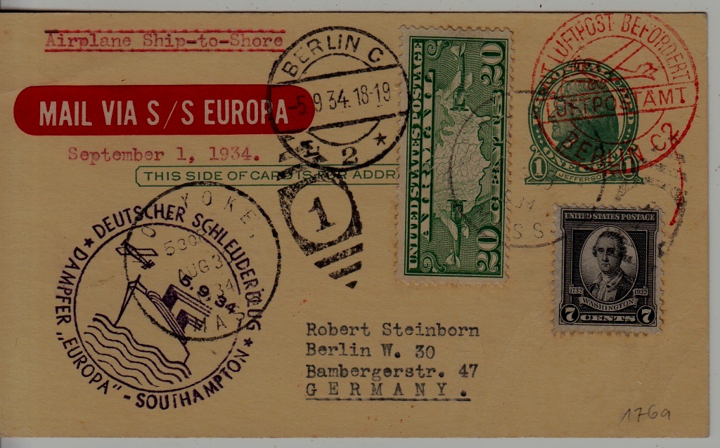 USA/Germany Catapult card 5.9.34 Europa-Southampton crease