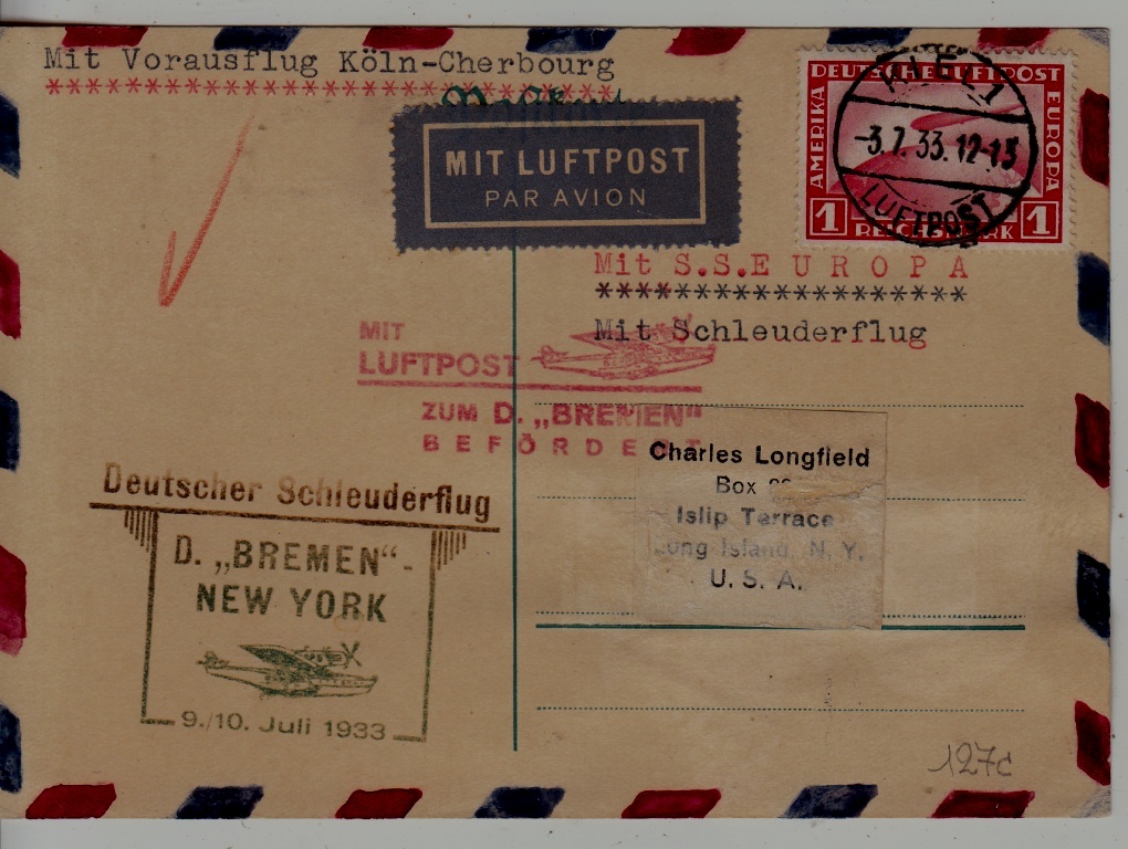 Germany Catapult card 9.7.33 Bremen-NY