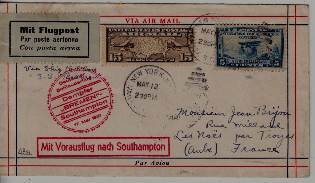 USA/France Catapult cover 17.5.31 Bremen-Southampton