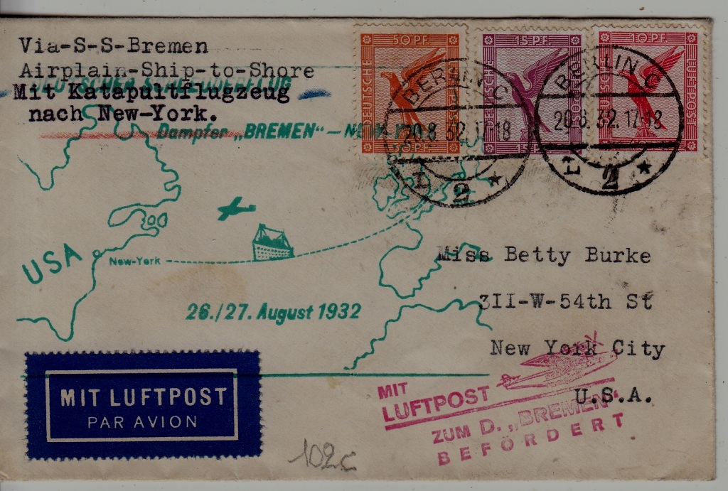 Germany Catapult cover 26.8.32 Bremen-NY