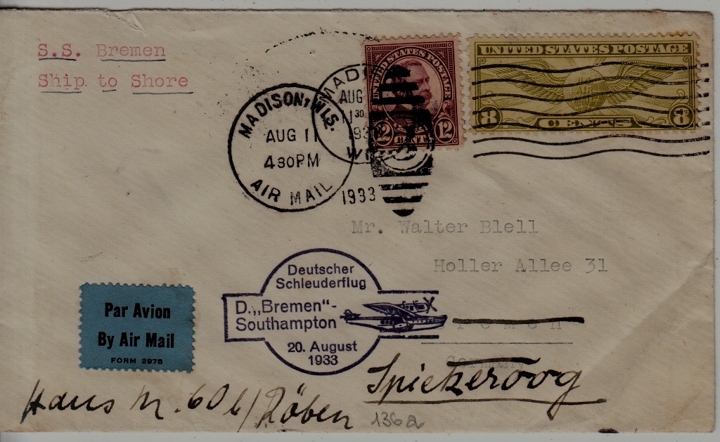 USA Catapult cover 20.8.33 Bremen-Southampton crease