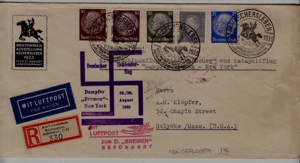 Germany/USA Catapult cover folded 29.8.33 Bremen-NY Aschersleben
