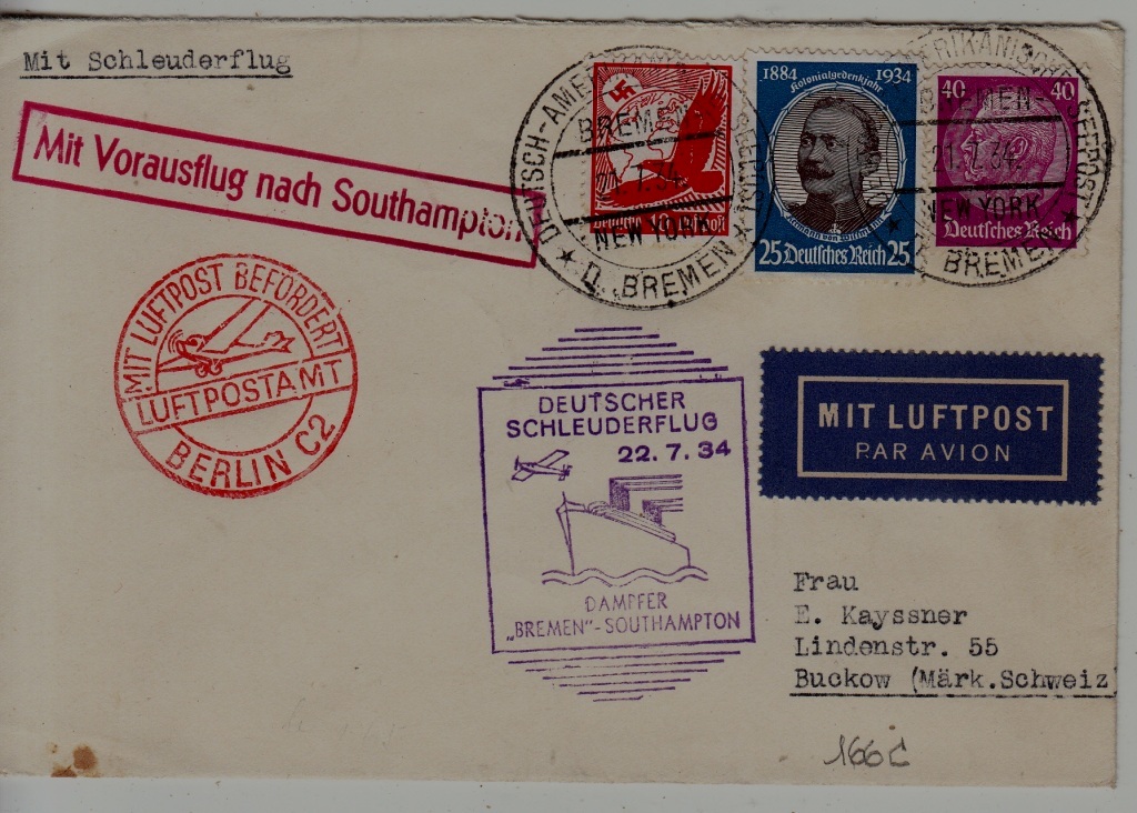 Germany Catapult cover 22.7.34 Bremen-Southampton