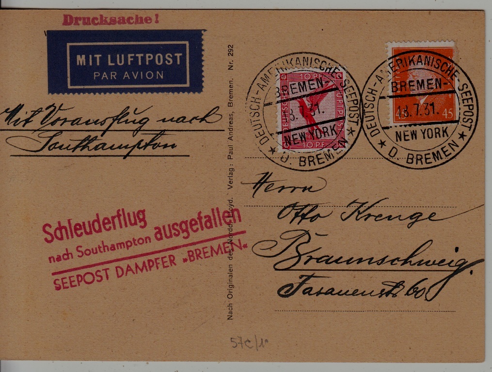 Germany Catapult card 18.7.31 Bremen-NY