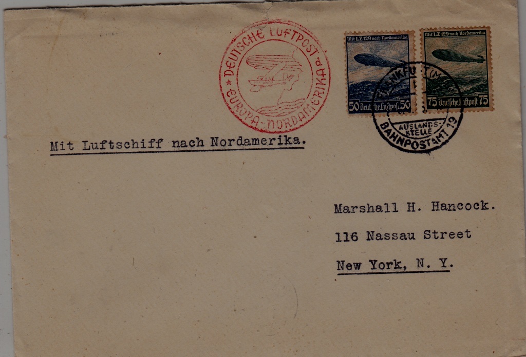 Germany/USA Zeppelin cover 1.NAF 5.5.36 Frankfurt,tear