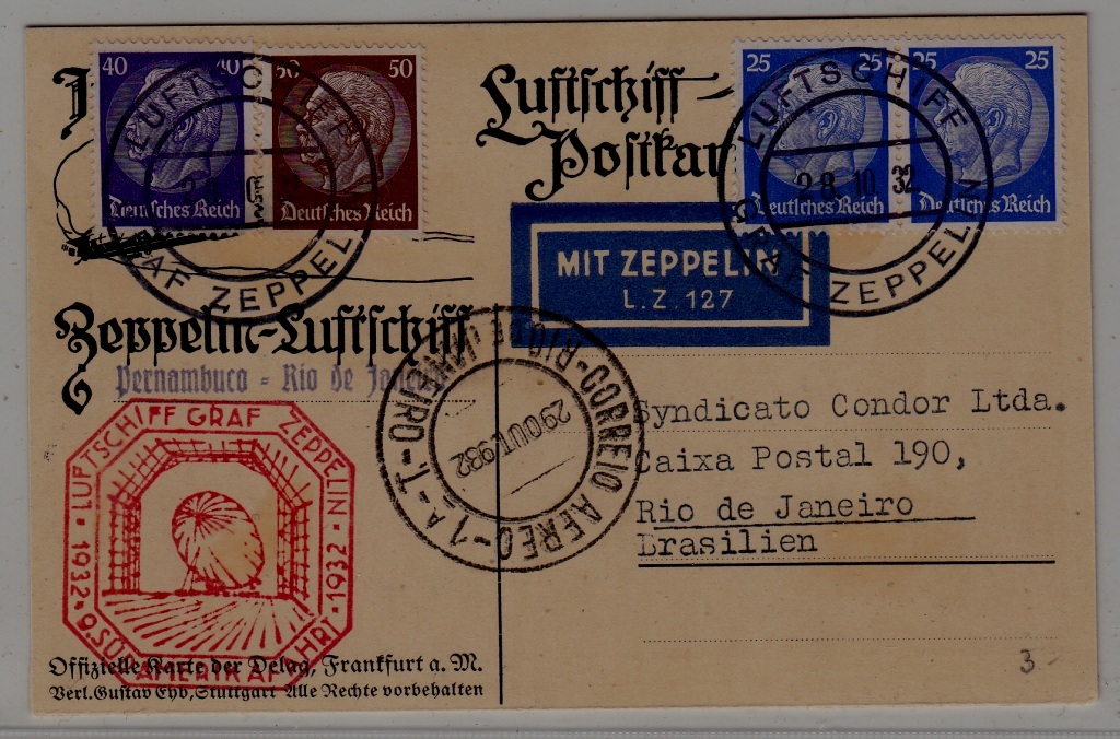 Germany/Brazil Zeppelin card 9.SAF 28.10.32 boardpost