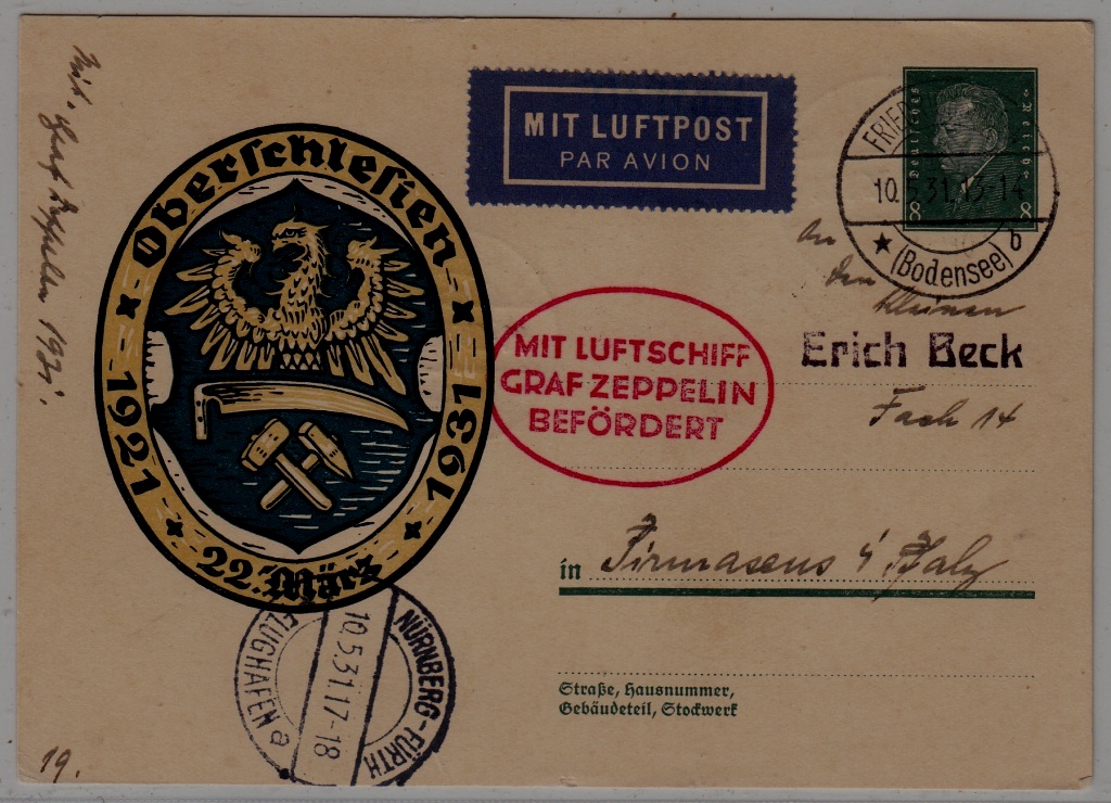 Germany Zeppelin card 10.5.31 Nurnberg