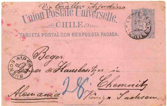 Chile/Argentina/Germany used card 25.3.1895 Santiago