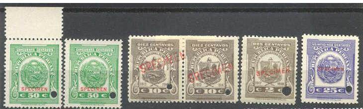 Peru 6 mint values pre-1940/Specimen